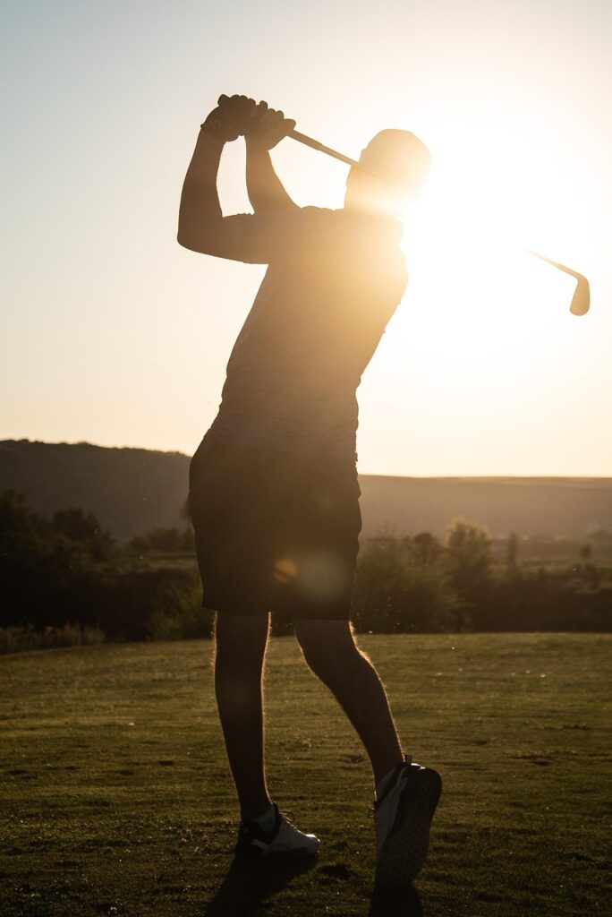 swing, golf, man, golf swing, sunset, sports, play, sundown, nature, evening