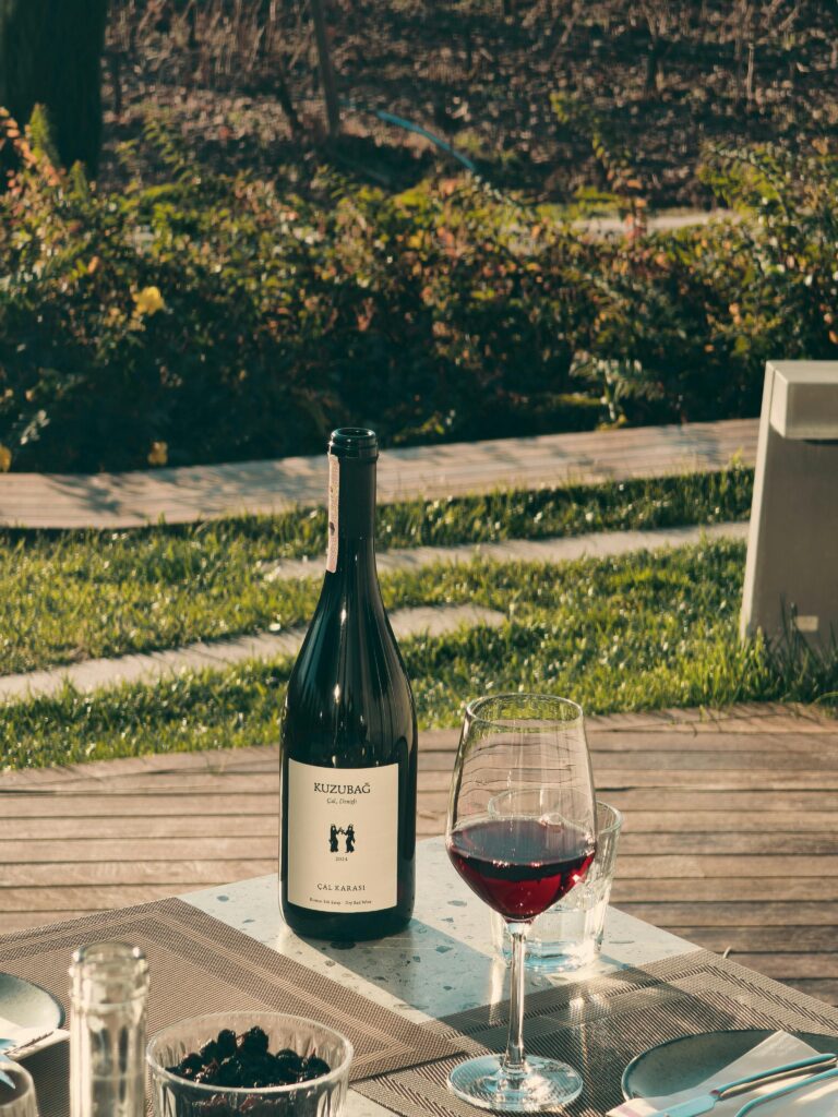 Experience a serene outdoor wine tasting setting in Denizli, Türkiye.